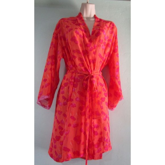 Natori Sheer Orange Purple Fuschia Scarf Print Lavender Lace Trim Robe Small - Picture 1 of 9